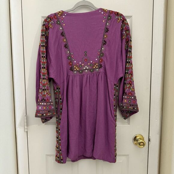 Free People Embroidered Linen Dress Tunic Size XS Purple Tie Front Embellished - Picture 2 of 9